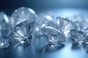 Flera glittrande diamanter i olika storlekar ligger utspridda på en blank yta.