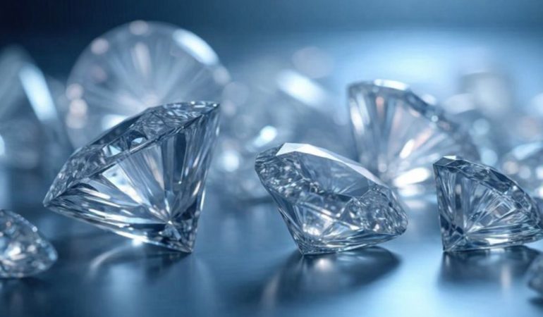 Flera glittrande diamanter i olika storlekar ligger utspridda på en blank yta.