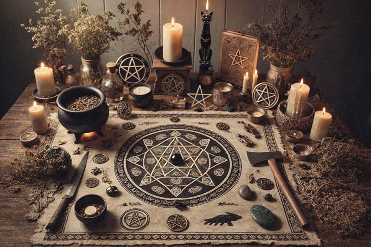 Andligt altare med ljus, kittel, pentagram och forntida symboler.
