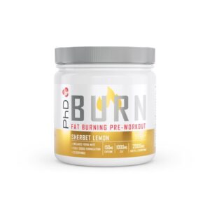 En vit burk med PhD Burn PWO med citronsmak på vit bakgrund.