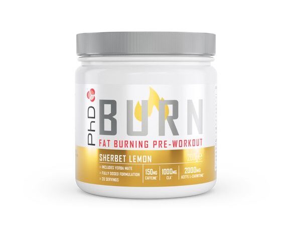 En vit burk med PhD Burn PWO med citronsmak på vit bakgrund.