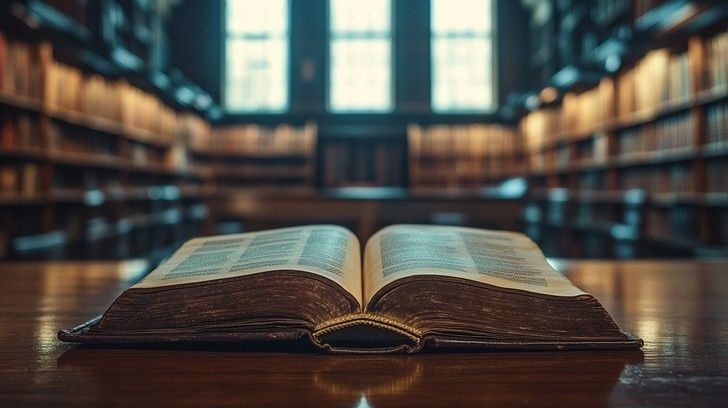 Öppen gammal bok på träbord i ett bibliotek med bokhyllor